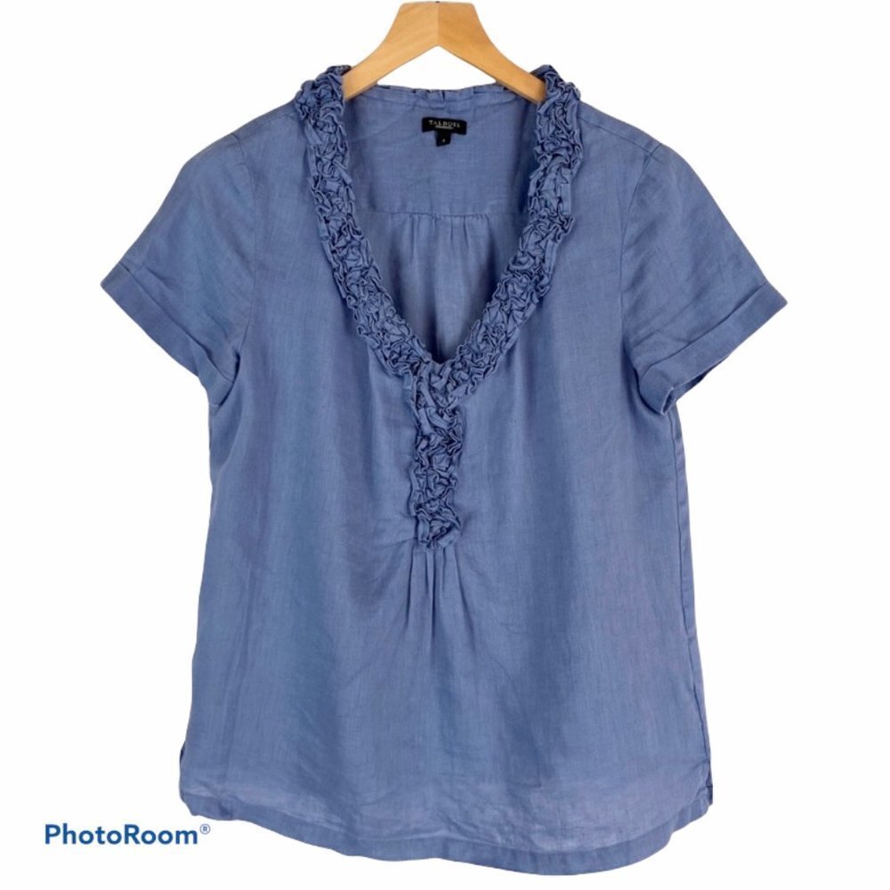 TALBOT Linen Short-Sleeve Chambray Deep V Ruffle Neckline Top 4